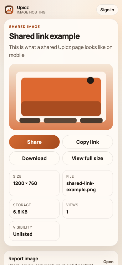 Preview of a shared Upicz image page on mobile